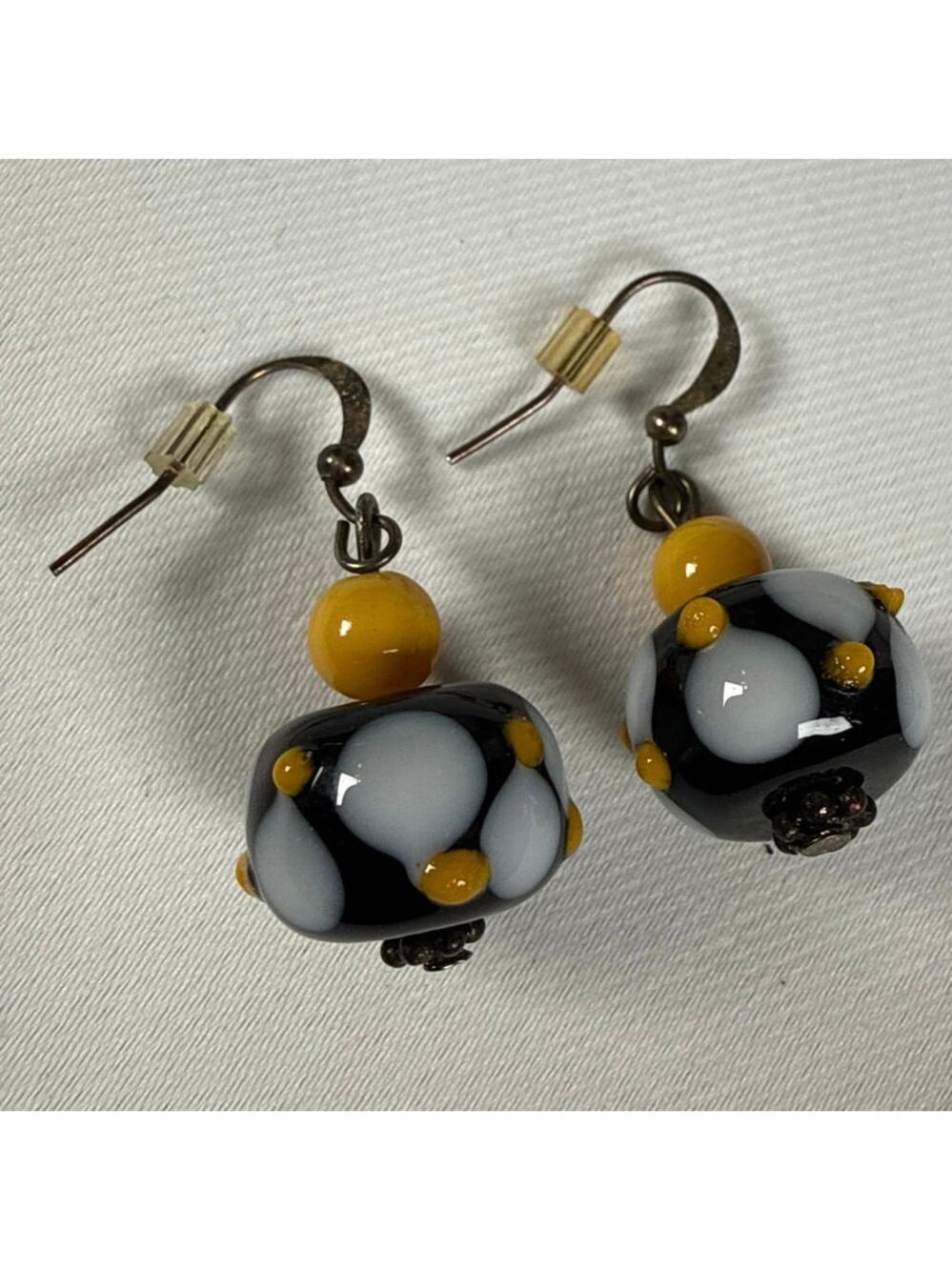 Handmade Black White & Yellow Polka Dot Glass Beaded Dangle Earrings